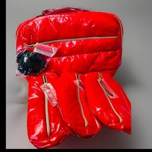 New Estee Lauder Red Glossy Quilted Cosmetic Bag Set of 4 ,Price is Firm